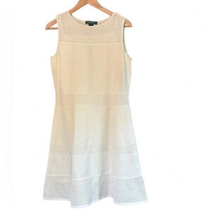 Lauren Ralph Lauren White Crochet Knit Dress Sleeveless Lined A Line Size PL